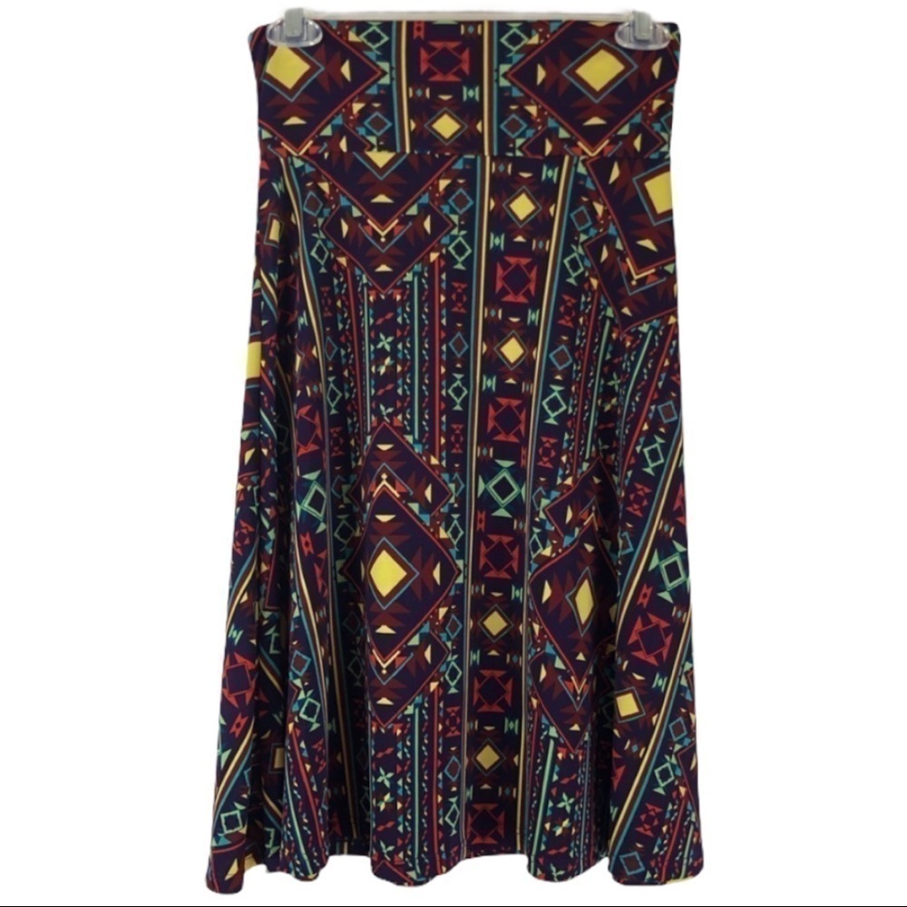 LuLaRoe Azure Skirt Pattern Brown Yellow Purple XS